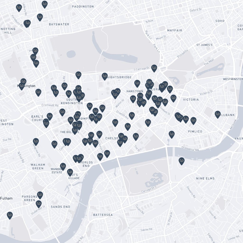 A map of Chelsea, South Kensington, Belgravia & Kensington showing all the recently sold properties that Tedwirth Property have sold.