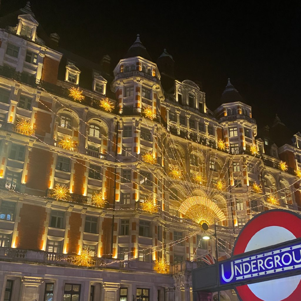 Christmas lights outside Knightsbridge tube station